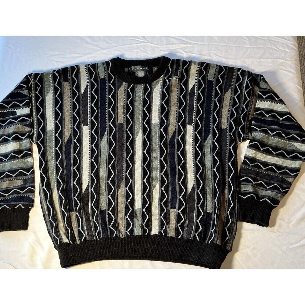VTG Tundra Canada Mens 3D knit Textured Sweater Size XL Black Gray Retro Grandpa - Picture 3 of 7